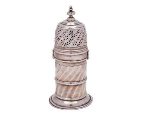 A Victorian silver sugar caster, maker Nathan & Hayes, Birmingham, 1893: of cylindrical outline with turn-off domed cover and