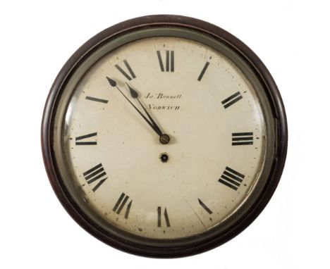 James Bennett, Norwich, a round convex-dial wall clock: the eight-day duration timepiece fusee movement with 'A' shaped plate