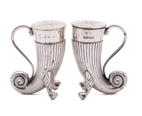 A pair of Victorian silver cornucopia peppers, maker Horace Woodward &amp; Co, Birmingham, 1884: with scroll handles and swep