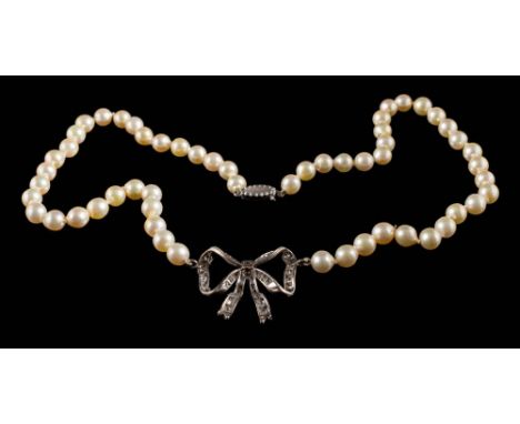 A cultured pearl single-string necklace centring a white gem-set ribbon bow:  approximately 33gms gross weight.