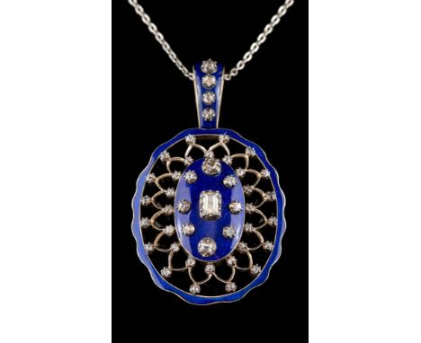 A blue enamel and diamond-set oval open-work pendant: with central table-cut diamond approximately 6.3mm long x 3.7mm wide in