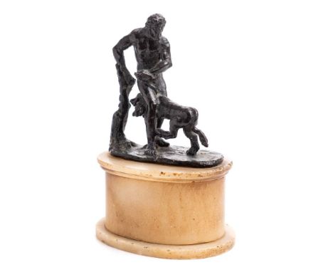 After the Antique, a Grand Tour bronze:  Hercules dragging Cerberus from the Underworld  mounted on an oval alabaster plinth,