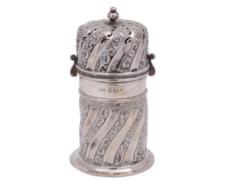 A Victorian silver sugar caster of lighthouse type, maker Henry Matthews, Birmingham, 1900: of cylindrical outline, with dome
