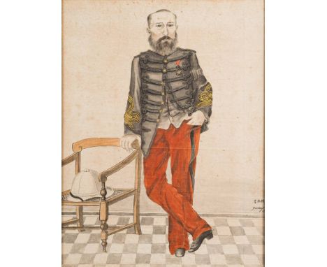 Chinese School Circa 1860, signed Xieji Gui Dingnan-Portrait of a Western Officer or Governor,:- standing full-length beside 
