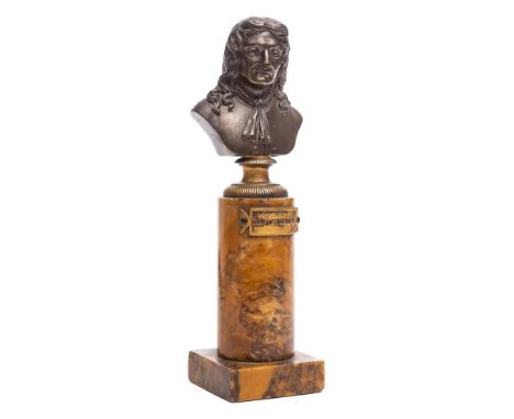 A miniature bronze bust  entitled 'Lafontaine' : the gentleman wearing a waistcoat and cravat, mounted on a faux marble colum