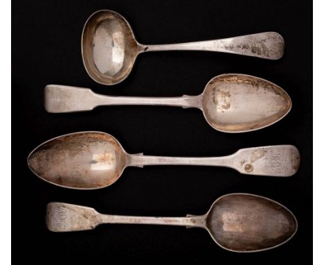 Three George III and later Fiddle pattern tablespoons, various makers and dates: initialled, together with an old English pat