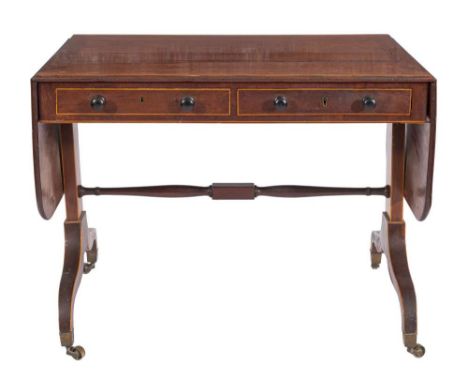 A Regency mahogany and inlaid sofa table:, bordered with boxwood and ebony lines, the hinged top with a satinwood crossbanded