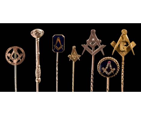 A collection of 12 Masonic gold and gilt metal stick pins: to include an enamelled rose-diamond mounted pin and a cornelian m