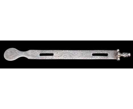 A 19th Century Italian silver button hole spacer: stamped marks: of slender rectangular outline with incised foliate decorati