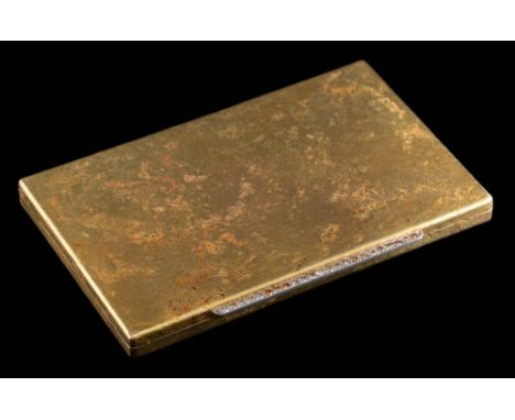 A 14 carat gold and diamond mounted rectangular cigarette case: of mottled reticulated finish, the long clasp inset with circ