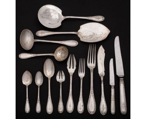 A French silver part flatware service, stamped 800, : initialled, includes six table forks, six dessert forks, six olive fork