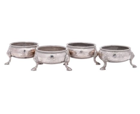 A set of four George III silver cauldron salts, maker David Hennell I, London, 1760: crested, of plain circular form, with be