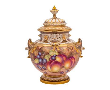 A Royal Worcester pot-pourri vase and cover: painted  with peaches and grapes on a mossy ground, signed John Freeman, black f