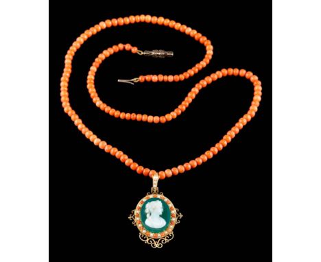 A green and white agate layered cameo portrait pendant: depicting a young woman in profile within a coral and seed-pearl fram