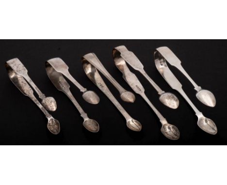 Four Irish and one English silver pairs of sugar tongs, various makers and dates: crested or initialled, total weight of silv