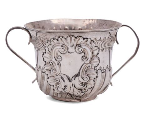 A George II silver twin-handled cup, W? possibly William Grundy, London, 1747 ? : of traditional design with gadrooned bandin