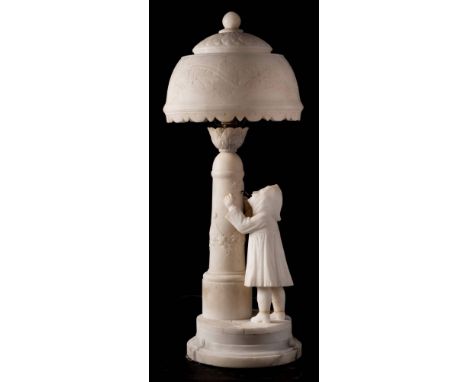 A Victorian  alabaster figural table lamp: of a young girl drinking from a fountain, raised on a circular base, with foliate 