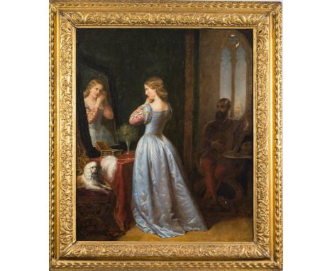 Follower of Augustus Jules Bouvier [19th Century]-Boudoir interior; young lady before a mirror in a blue silk dress and jewel