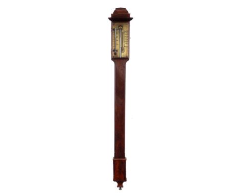 A mahogany Georgian stick barometer: the brass dial engraved with a vernier gauge and with an inset thermometer, the mahogany