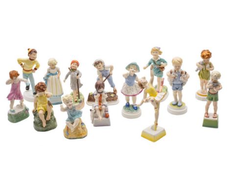 A complete set of fourteen Royal Worcester porcelain 'Days Of The Week' figures of boys and girls: modelled by Freda Doughty,