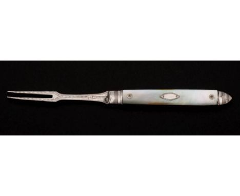 A late George III silver folding fruit fork, unknown maker, circa 1810: with mother-of-pearl handle, 15cm. extended.