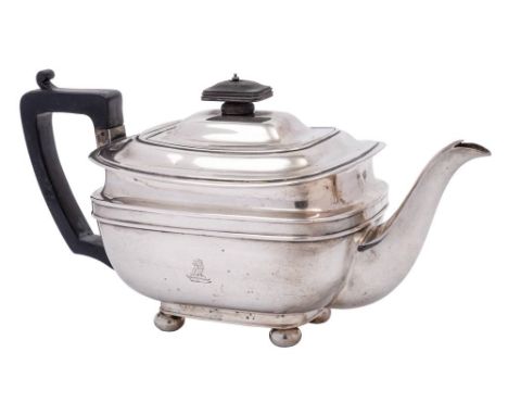 A George V  silver teapot, maker Harrison Brothers &amp; Howson, Sheffield, 1922: crested, of barge-shaped outline, with ribb