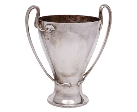 An Edwardian silver two handled trophy cup, maker's mark rubbed and worn, London, 1908: of ovoid waisted form with sinuous fo