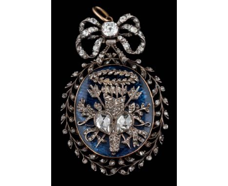 An early 19th Century enamelled and diamond mounted oval pendant: with central quiver and arrows crossing behind two Dutch ro