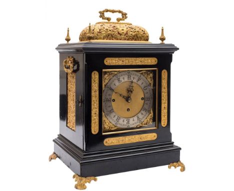 A large ebonised Victorian chiming bracket clock in the 17th century style: the eight-day duration, triple-fusee movement chi