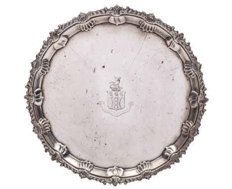 An Edward VII silver salver, maker Josiah Williams &amp; Co, London, 1901: crested, of circular outline, with gadrooned and s