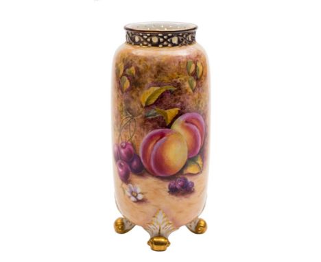 A Royal Worcester vase: with reticulated rim, painted with peaches, cherries, grapes, gooseberries and a spray of blossom on 