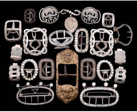 A collection of assorted steel, silver plated and metal buckles and garter buckles: including paste set buckles, a gilt metal