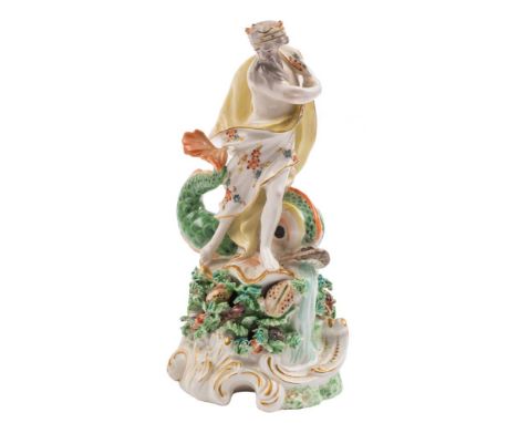 A Derby figure of Neptune: standing with a large dolphin on a shell, the pierced rococo base applied with shells and seaweed,