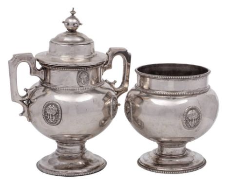 An American coin silver two-handled cup and cover, maker Albert Coles, New York: of ovoid outline with domed lid surmounted b