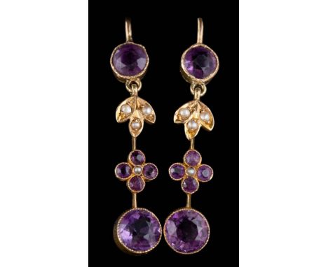 A pair of amethyst and seed pearl drop earrings: approximately 25mm length of drop, 1.8gms gross weight. 