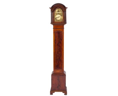 A small and slim mahogany grandmother longcase clock: the eight-day, weight-driven movement striking the hours on a bell and 