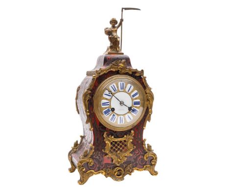 A French boulle cased mantel clock: the eight-day duration movement striking the hours and half-hours on a gong, the backplat