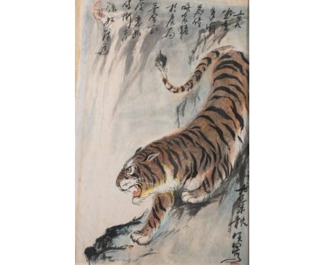 A Chinese painting of a tiger, signed Xiao-bai: the animal crouching on a steep bank, signed and dated 1995 with seal and ins