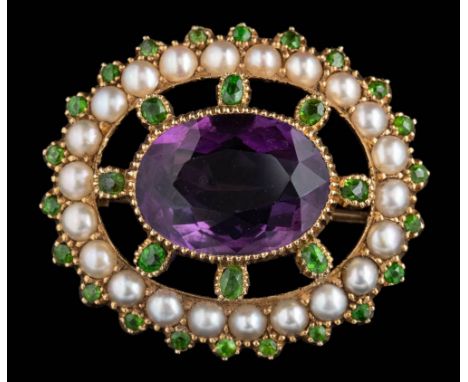 An amethyst, seed pearl and demantoid garnet-set oval brooch: approximately 25mm overall length, 5.5gms gross weight, togethe