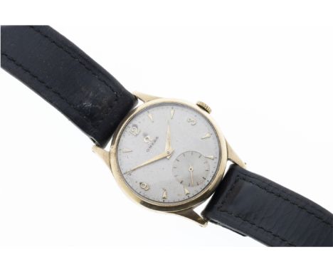 A 9ct gold Omega manual gents wristwatch, the Dennison case hallmarked Birm. 1954, with signed 49mm. silvered dial with gilt 