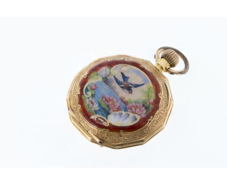 An Edwardian Swiss 14ct gold and enamel open face fob watch, maker's mark DF&C to case, no. 113241, fob wind gilt lever movem