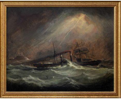 Philip John Ouless (Jersey, 1817-1885), Paddle Steamer "Dispatch" off the Casquettes oil on panel, signed with the artist's m