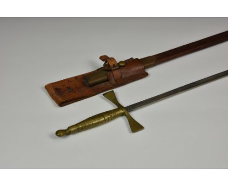 An unmarked Court Sword, brass handle, 27in. blade, brown leather scabbard. 