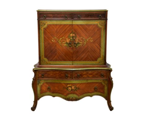 A Louis XVI style satinwood, kingwood, walnut and burr walnut, parquetry and painted linen press, c.1900, of small proportion