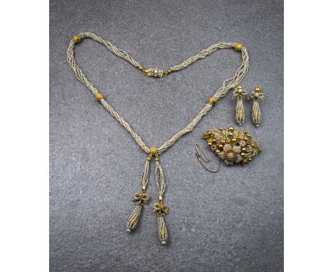 A Victorian gold and seed pearl brooch, necklace and earring suite, the necklace made up of twisted seed pearl strands and ro