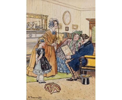 K. Tomasson (British, early 20th century), The sampler watercolour, signed and dated 1917, unframed 14 x 10 1/8in. (35.5 x 25