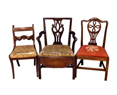 Two George III mahogany chairs, comprising a dining chair with pierced balloon splat, and a country Chippendale commode chair