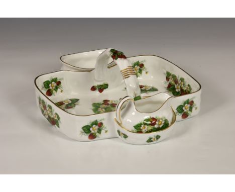 A Hammersley English bone china strawberry basket with integral cream jug and sugar basin, in the 'Strawberry Ripe' pattern, 