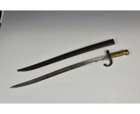 A French 1866 Pattern Chassepot Bayonet, 22½in. (57.2cm.) fullered Yataghan blade, stamped 'A19773' to crossguard, maker's ma