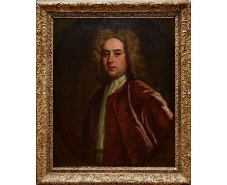 Circle of Sir Godfrey Kneller (German, 1646-1743), Portrait of a Gentleman in a Red Coat faux oval, oil on canvas, English, 1
